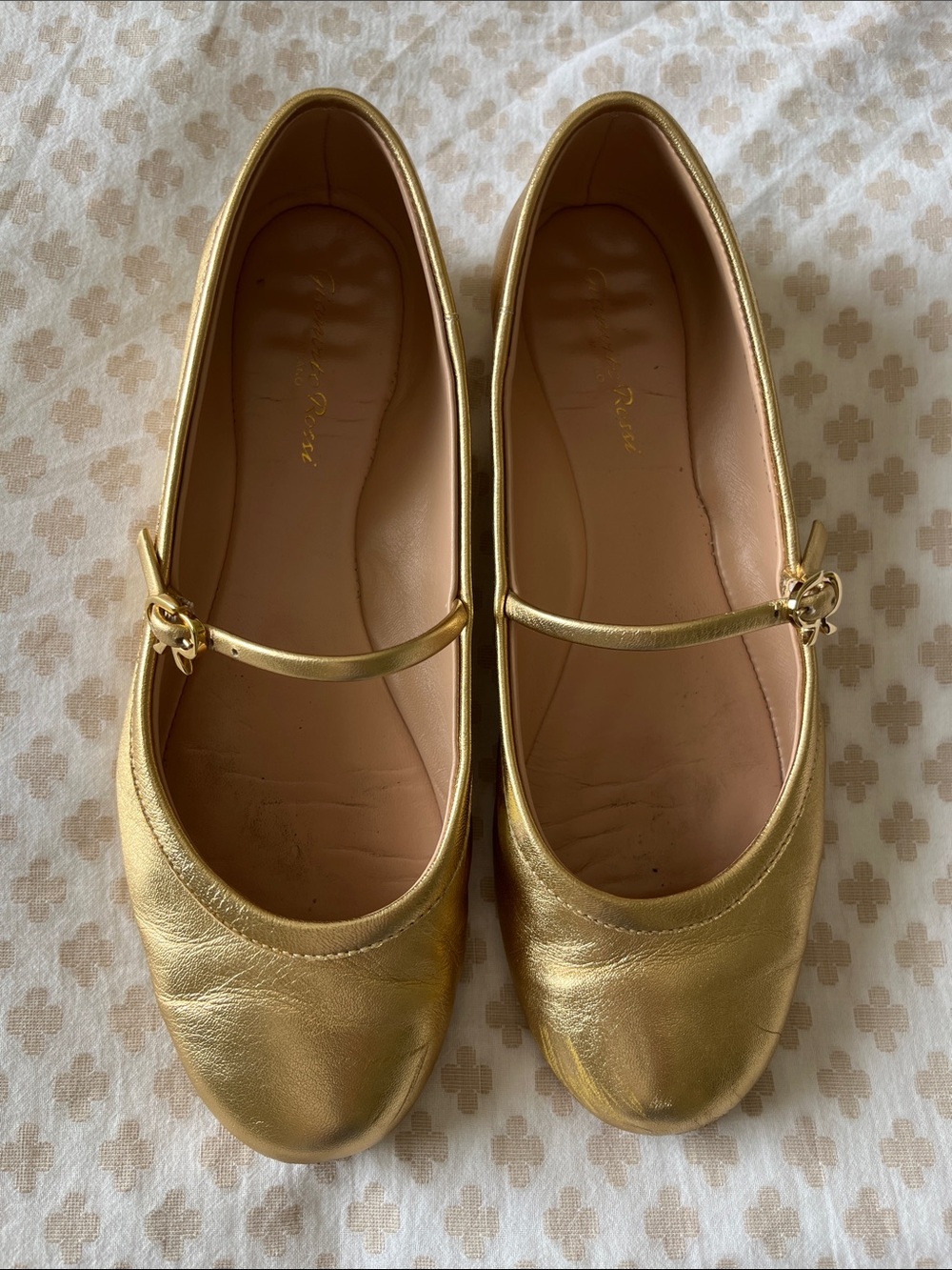 Gianvito Rossi Carla Metallic Leather Gold Mary Jane Flats 37.5